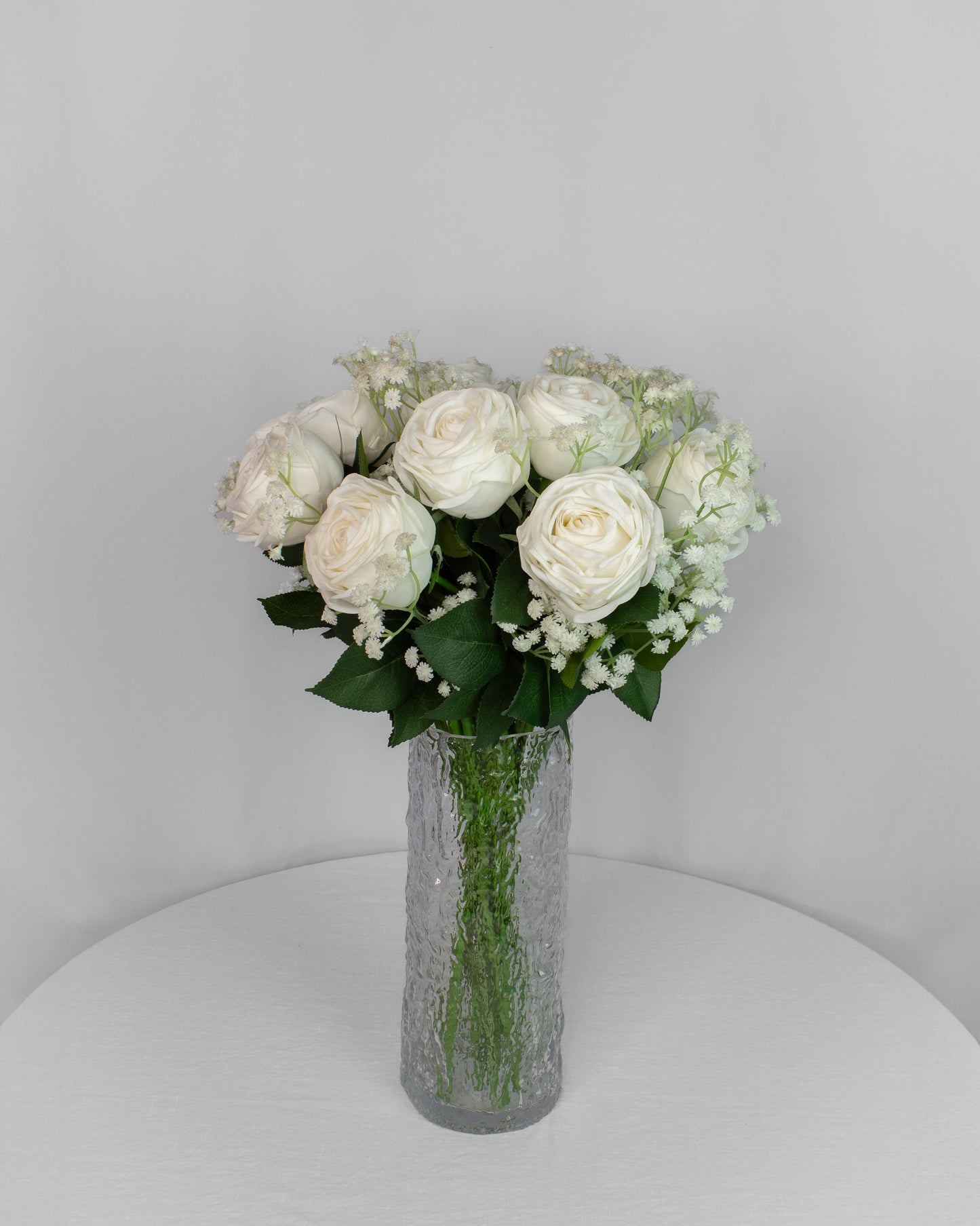 White Angel naturtro kunstig buket med hvide roser og brudeslør i vase