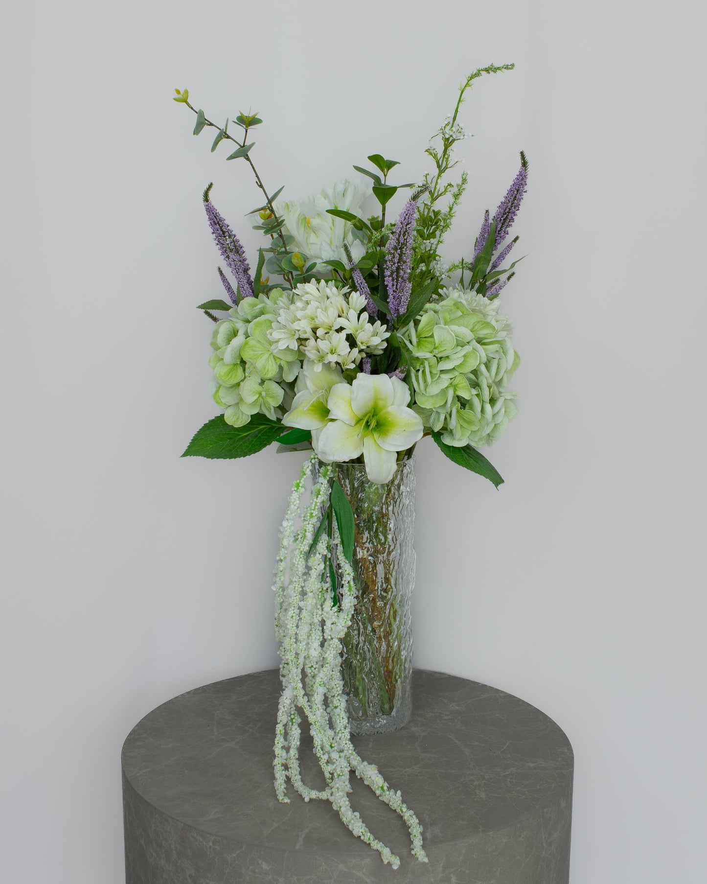 Lavender Fall håndlavet kunstig buket med hortensia, skærmliljer, eukalyptus og veronica-aks