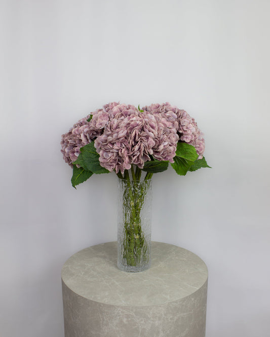 Lilla hortensia – naturtro kunstig buket med 9 fyldige hortensiahoveder i glasvase på bord.